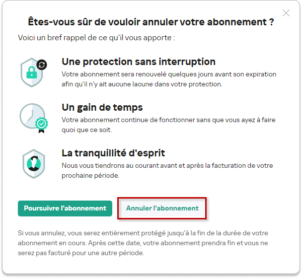 Confirmer l'annulation de l'abonnement sur My Kaspersky