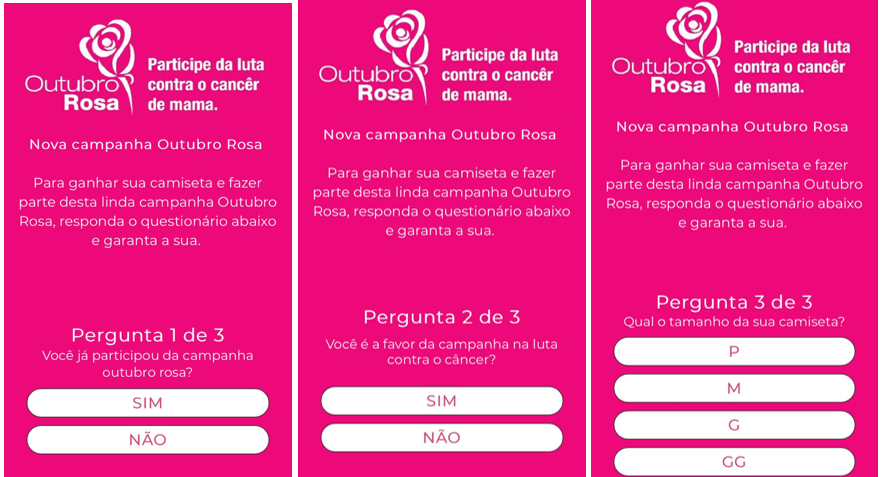 Após clicar, a vítima é direcionada para uma página falsa que realiza um questionário em três etapas