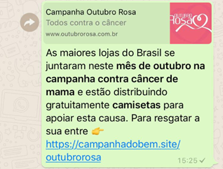 Exemplo da mensagem que a vítima repassa para sua rede de amigos 